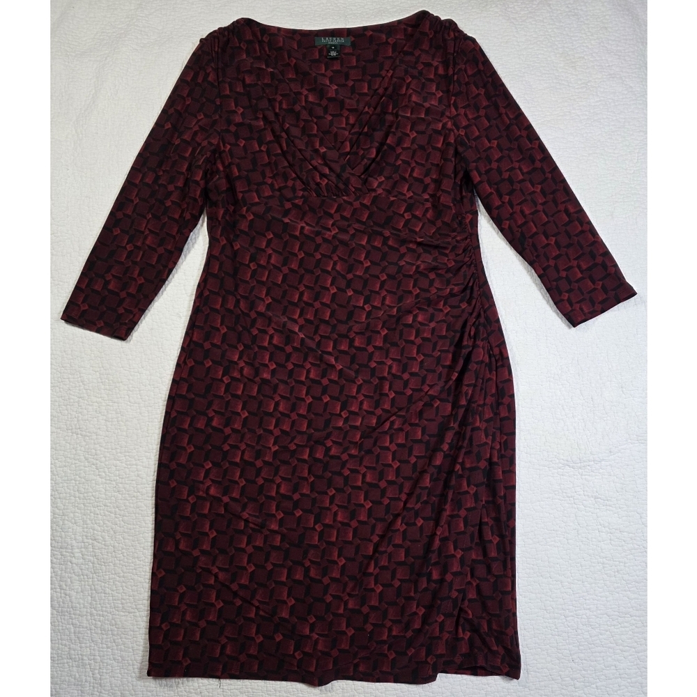 Ralph Lauren Faux Wrap Side Ruched 3/4 Sleeve Burgundy Red Geometric Dress